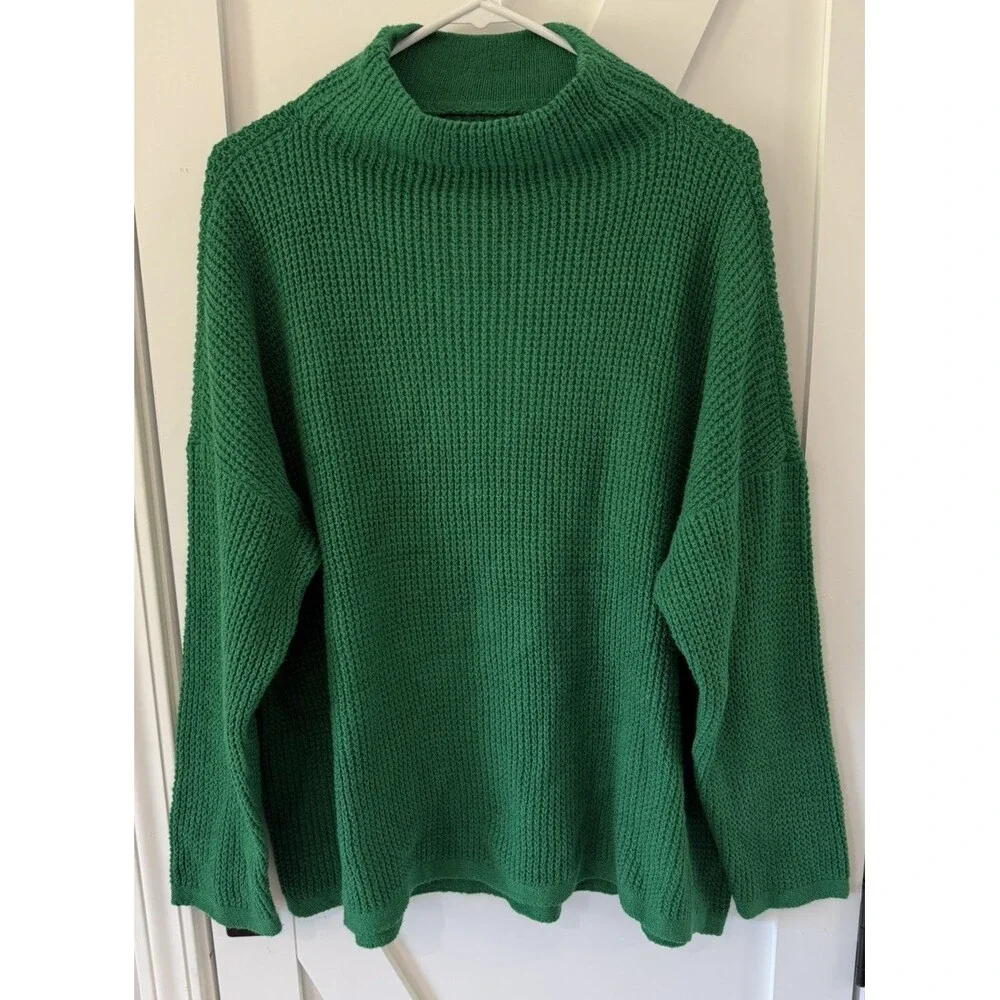 J. JILL Women's PLUS 2X Green Waffle Knit Mock Neck Sweater Relaxed Fit